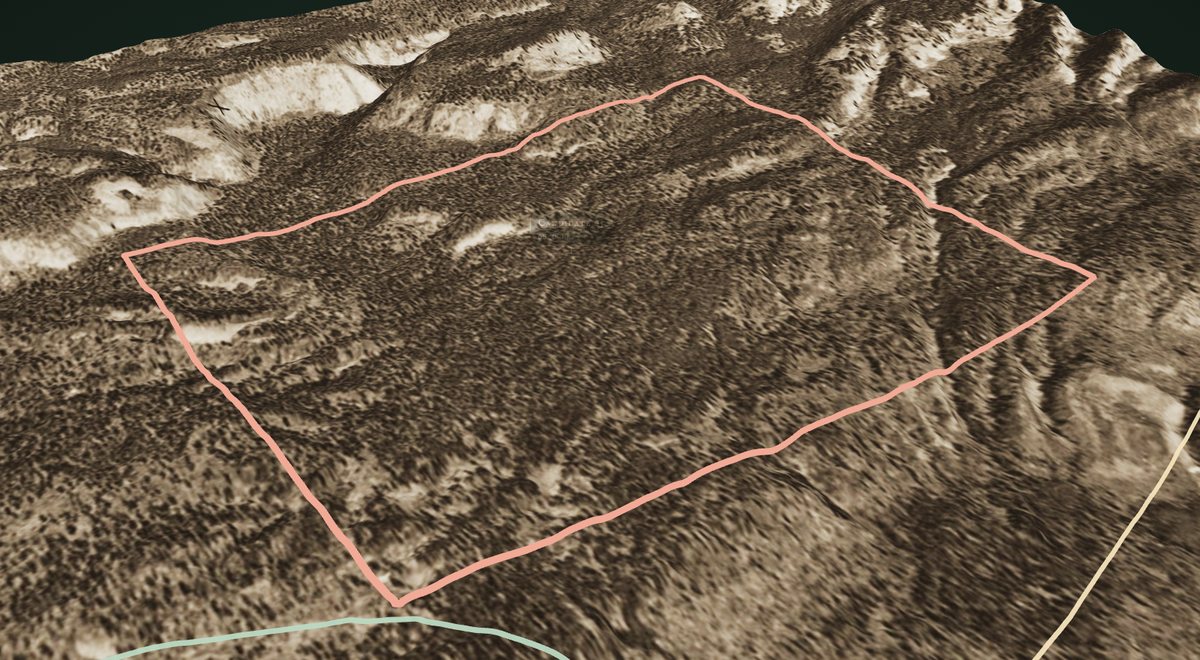 The candidate parcel outlined in red on a 3D model draped with the 1946 RCAF air photograph.