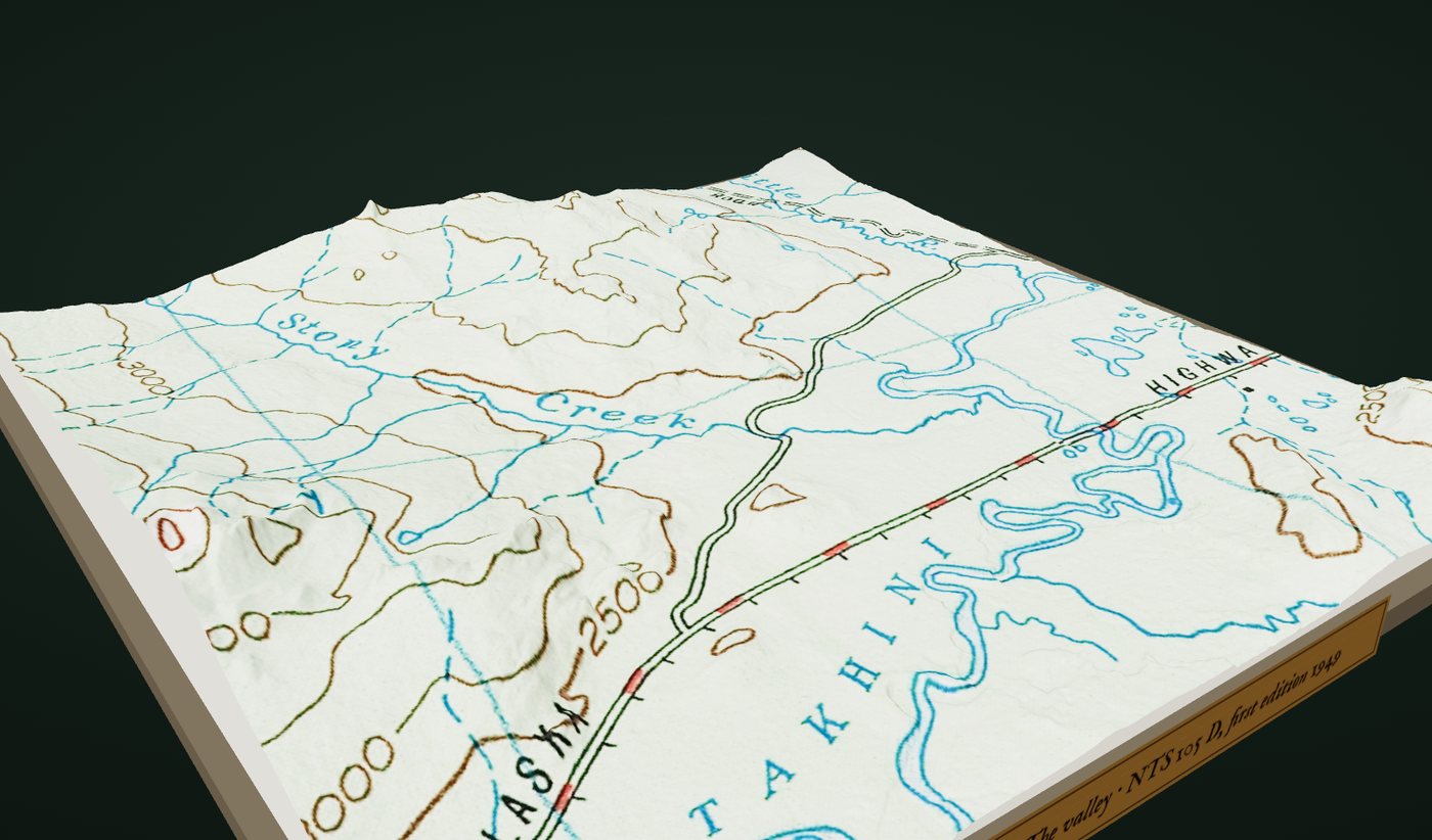 The 1949 topographic map of the Takhini valley draped over a 3D model of the terrain, with the Alaska Highway, Stony Creek and the Takhini River.